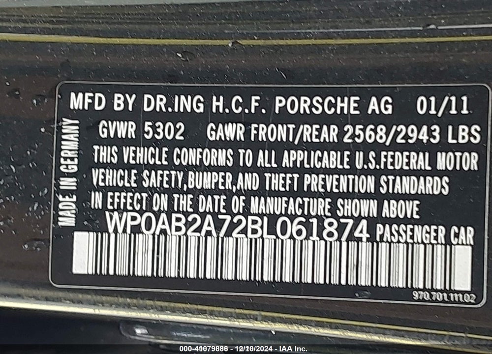 2011 PORSCHE PANAMERA S VIN: WP0AB2A72BL061874