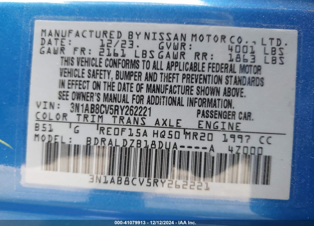 2024 NISSAN SENTRA SV XTRONIC CVT VIN: 3N1AB8CV5RY262221