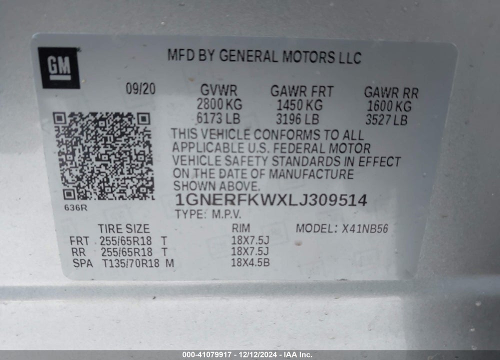 2020 CHEVROLET TRAVERSE FWD LS VIN: 1GNERFKWXLJ309514
