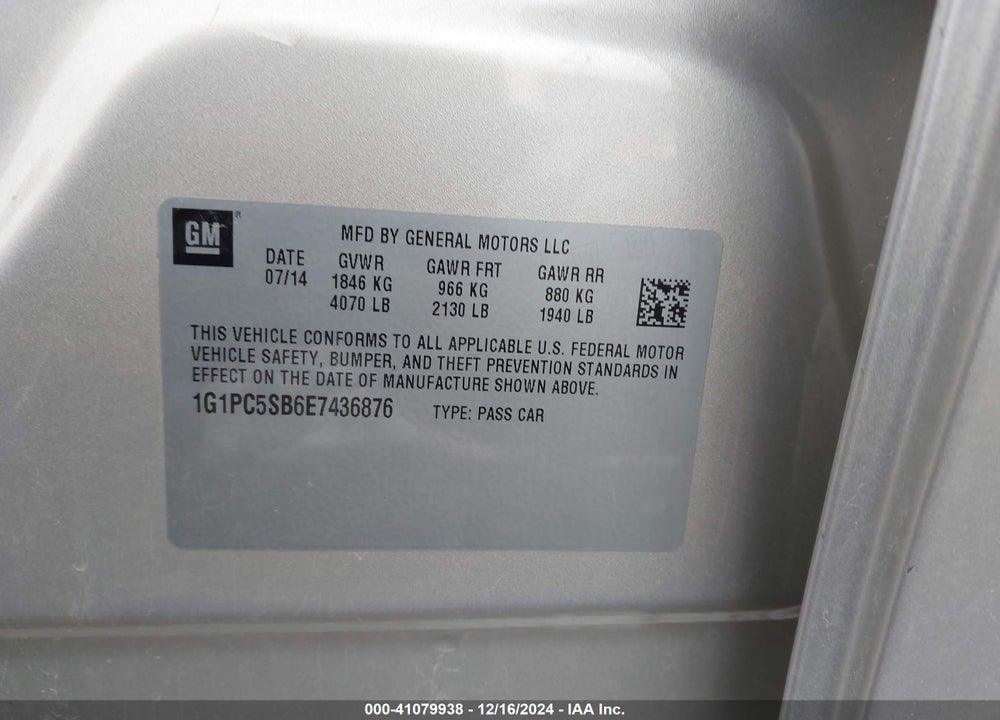 2014 CHEVROLET CRUZE 1LT AUTO VIN: 1G1PC5SB6E7436876