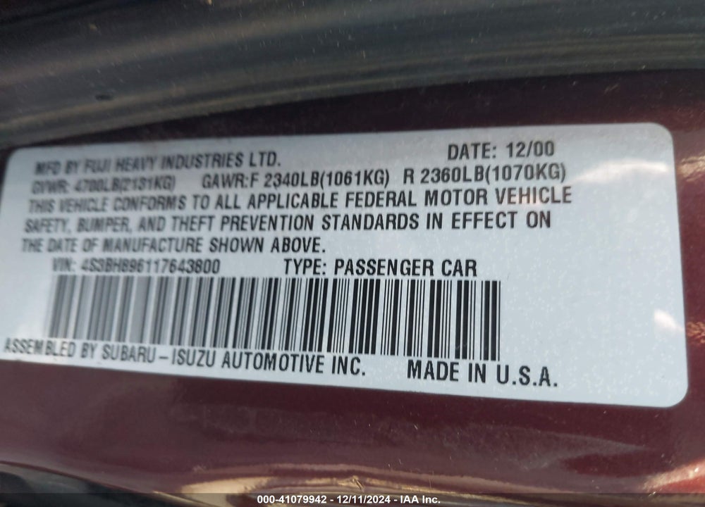 2001 SUBARU OUTBACK H6-3.0 VIN: 4S3BH896117643800