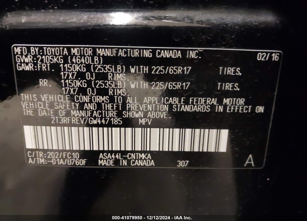 2016 TOYOTA RAV4 XLE VIN: 2T3RFREV7GW447185
