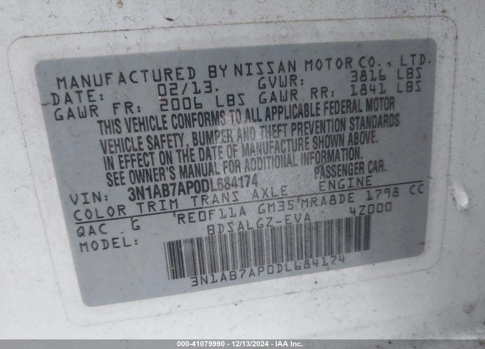 2013 NISSAN SENTRA VIN: 3N1AB7AP0DL684174