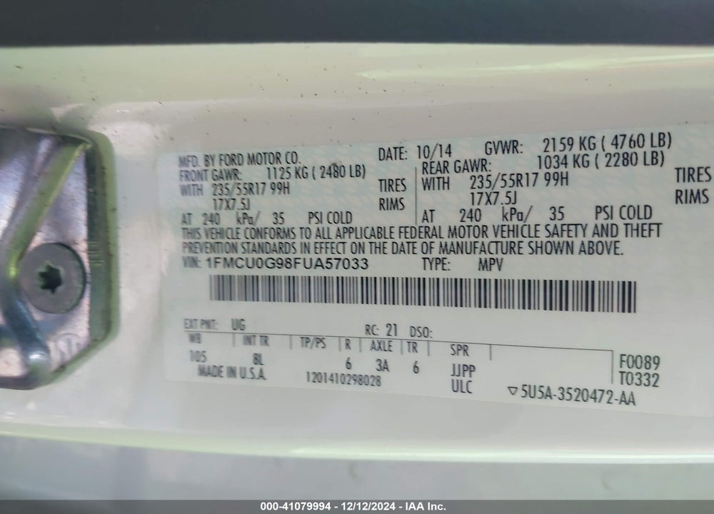 2015 FORD ESCAPE SE VIN: 1FMCU0G98FUA57033