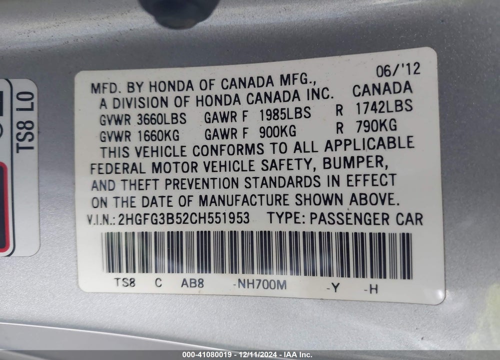 2012 HONDA CIVIC LX VIN: 2HGFG3B52CH551953