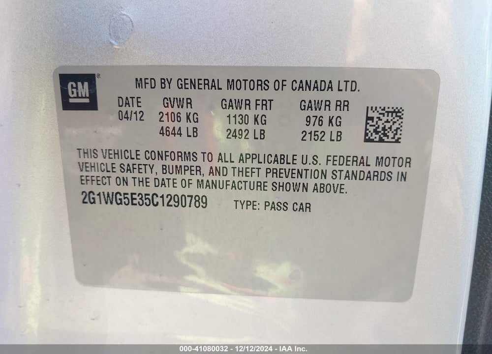 2012 CHEVROLET IMPALA LT VIN: 2G1WG5E35C1290789