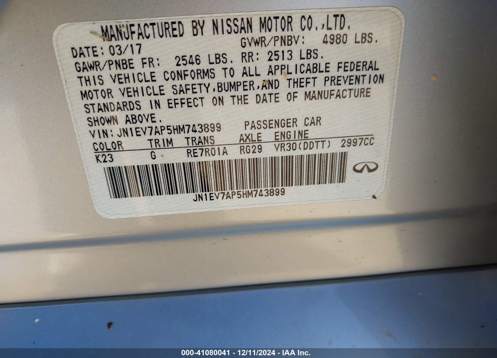 2017 INFINITI Q50 3.0T PREMIUM VIN: JN1EV7AP5HM743899