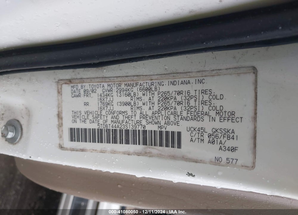 2003 TOYOTA SEQUOIA SR5 V8 VIN: 5TDBT44A23S139770