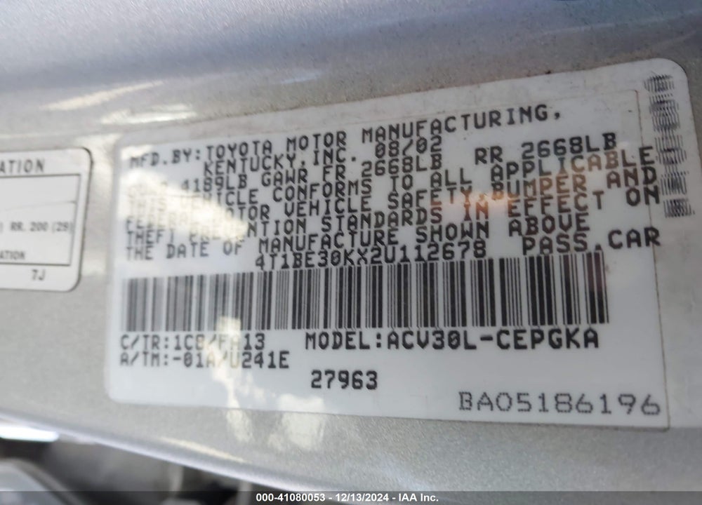 2002 TOYOTA CAMRY XLE VIN: 4T1BE30KX2U112678
