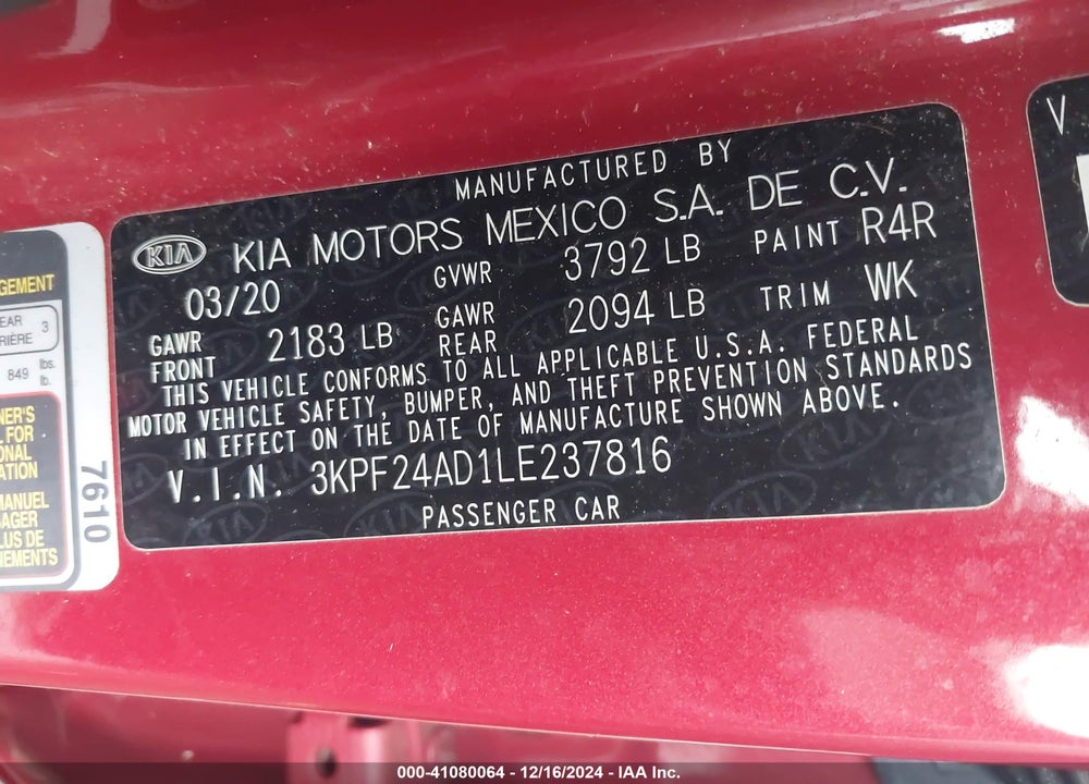 2020 KIA FORTE LXS VIN: 3KPF24AD1LE237816