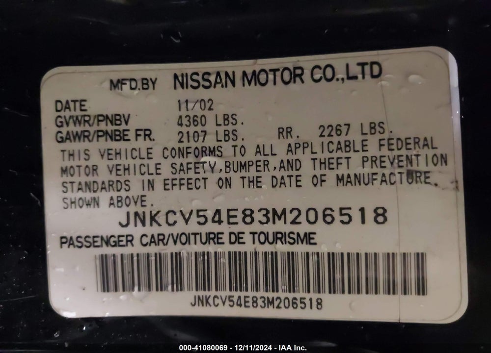 2003 INFINITI G35 BASE W/6 SPEED MANUAL VIN: JNKCV54E83M206518