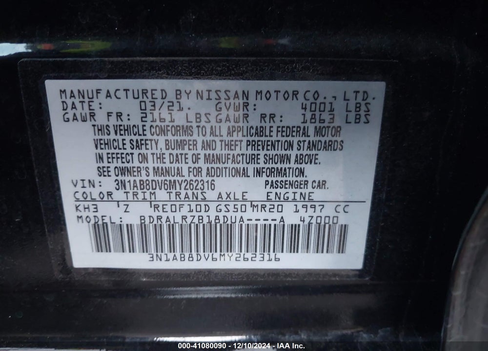 2021 NISSAN SENTRA SR XTRONIC CVT VIN: 3N1AB8DV6MY262316