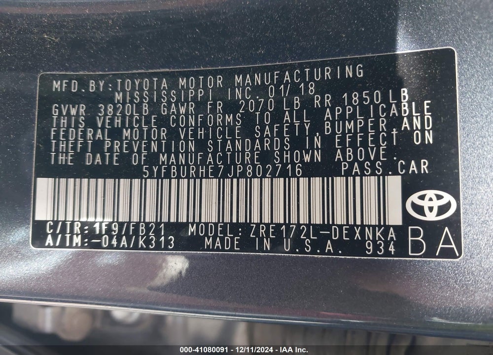 2018 TOYOTA COROLLA LE VIN: 5YFBURHE7JP802716