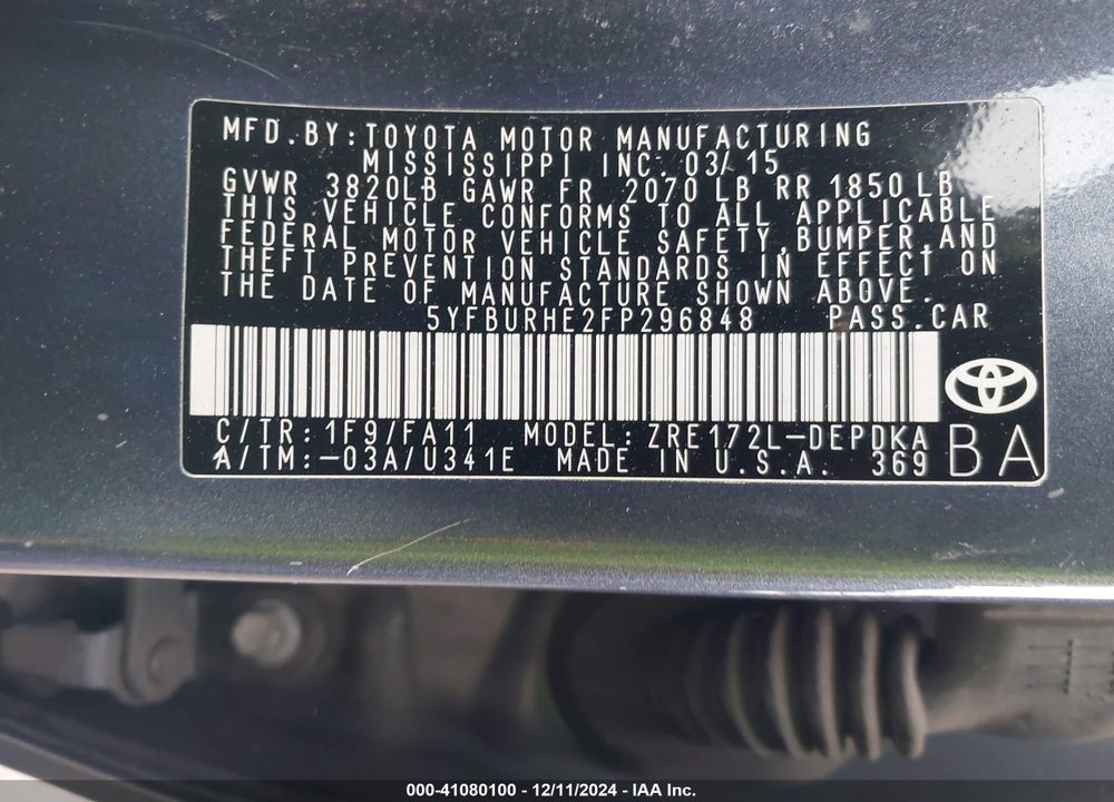 2015 TOYOTA COROLLA L VIN: 5YFBURHE2FP296848