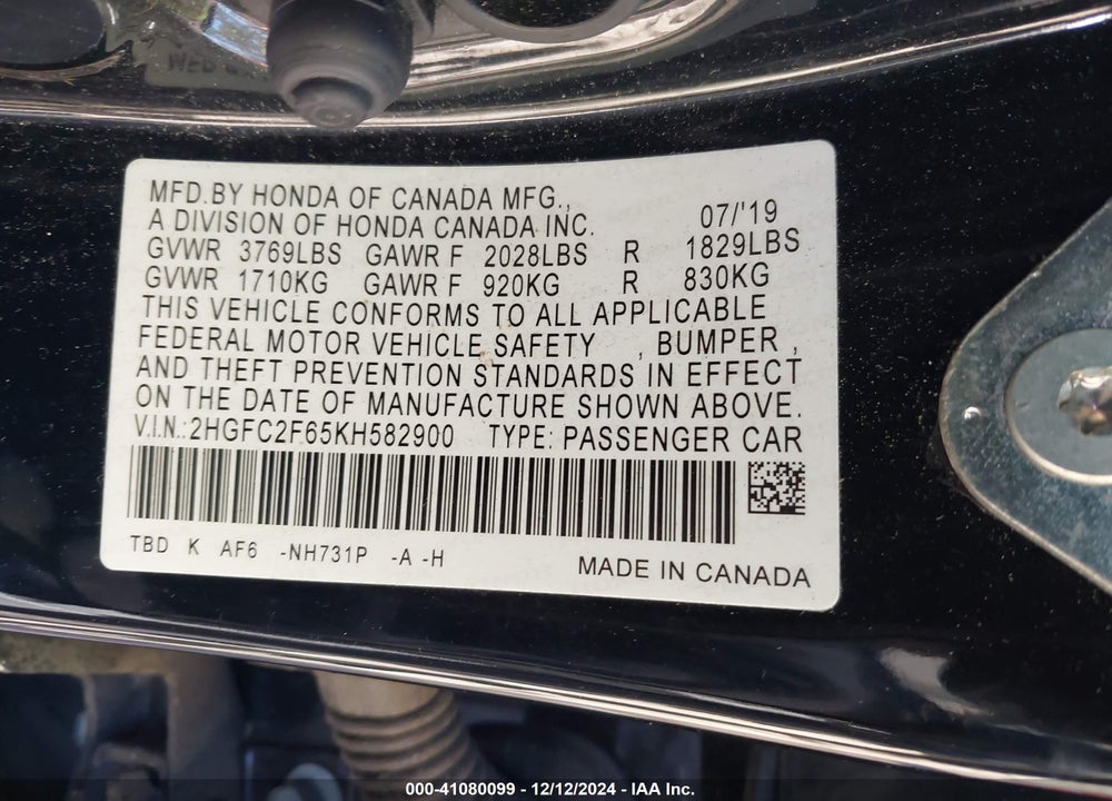 2019 HONDA CIVIC LX VIN: 2HGFC2F65KH582900