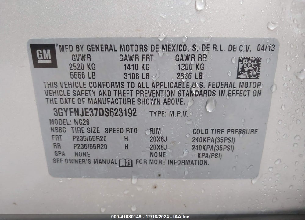 2013 CADILLAC SRX PREMIUM COLLECTION VIN: 3GYFNJE37DS623192