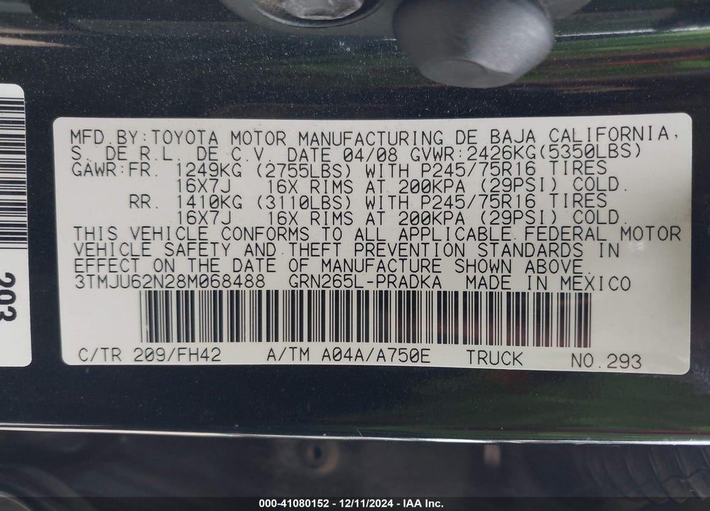 2008 TOYOTA TACOMA VIN: 3TMJU62N28M068488