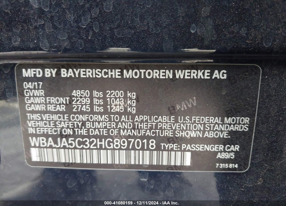 2017 BMW 530I VIN: WBAJA5C32HG897018