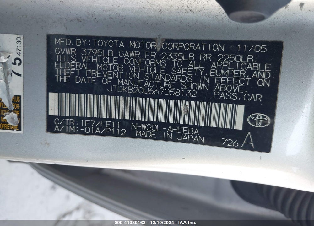 2006 TOYOTA PRIUS VIN: JTDKB20U667058132