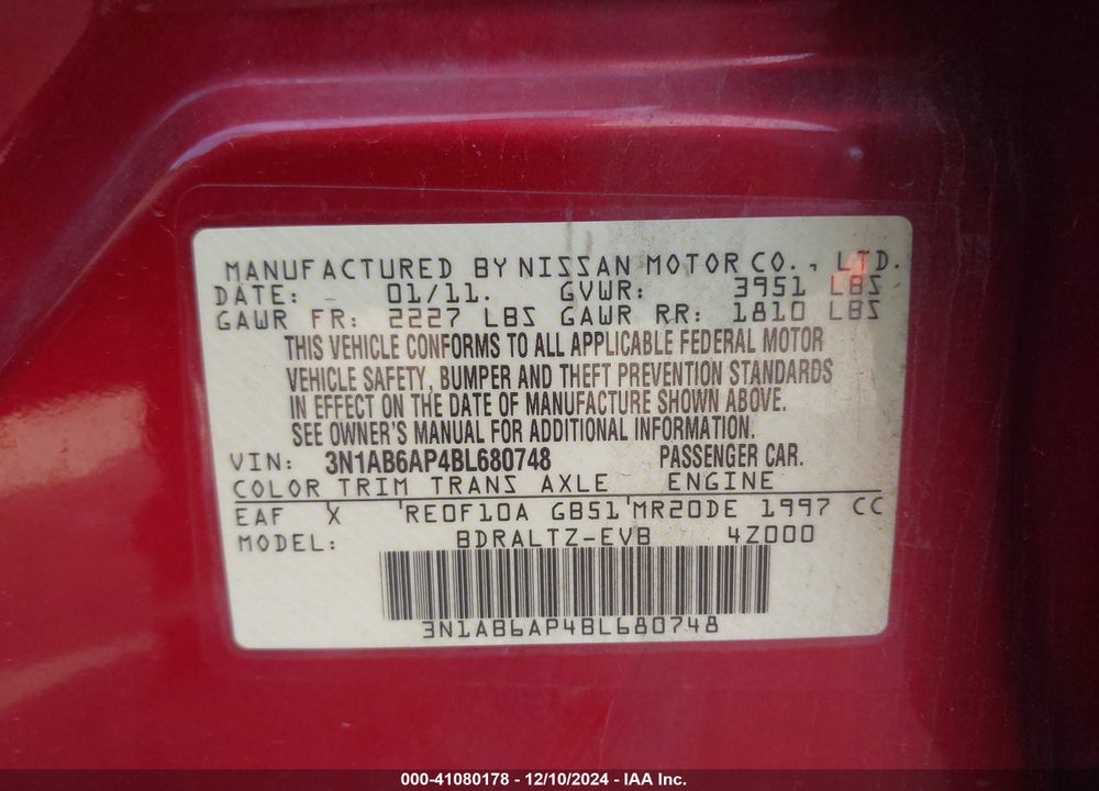 2011 NISSAN SENTRA 2.0SR VIN: 3N1AB6AP4BL680748