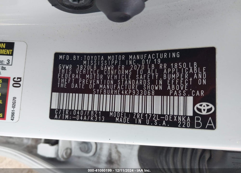 2019 TOYOTA COROLLA LE VIN: 5YFBURHE4KP933068
