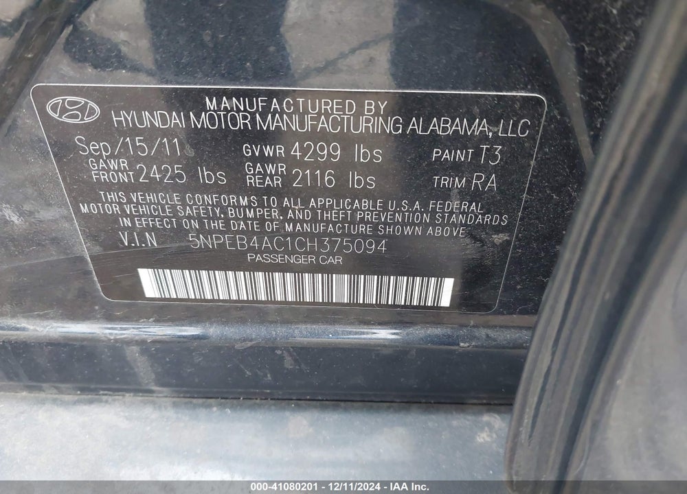 2012 HYUNDAI SONATA GLS VIN: 5NPEB4AC1CH375094