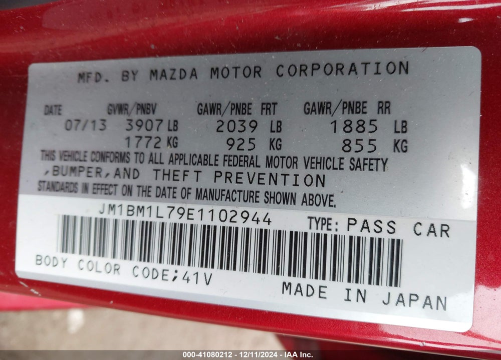 2014 MAZDA 3 VIN: JM1BM1L79E1102944