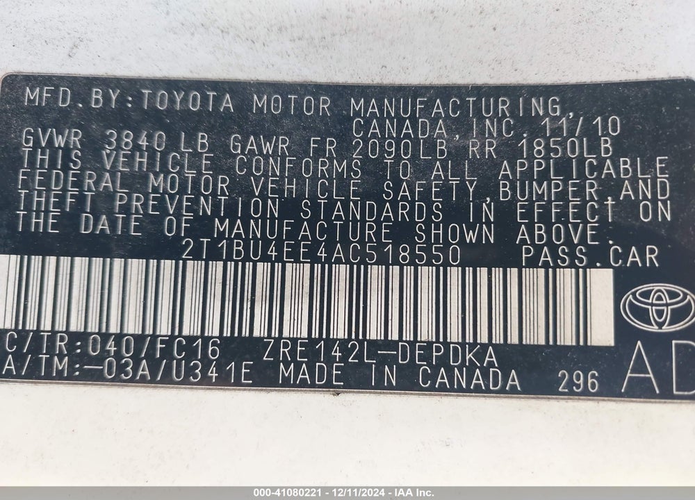 2010 TOYOTA COROLLA LE VIN: 2T1BU4EE4AC518550