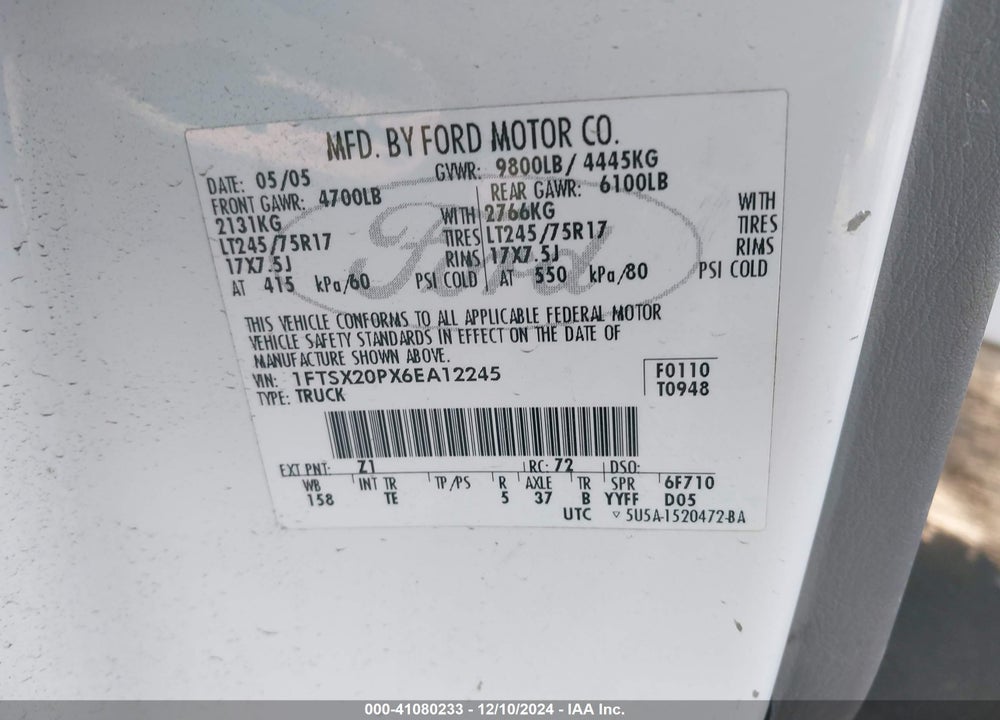 2006 FORD F-250 LARIAT/XL/XLT VIN: 1FTSX20PX6EA12245