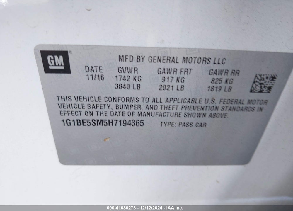2017 CHEVROLET CRUZE LT AUTO VIN: 1G1BE5SM5H7194365