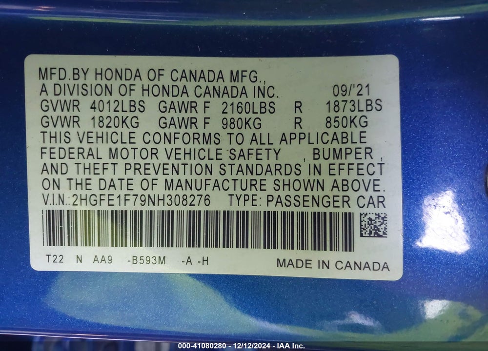 2022 HONDA CIVIC EX VIN: 2HGFE1F79NH308276