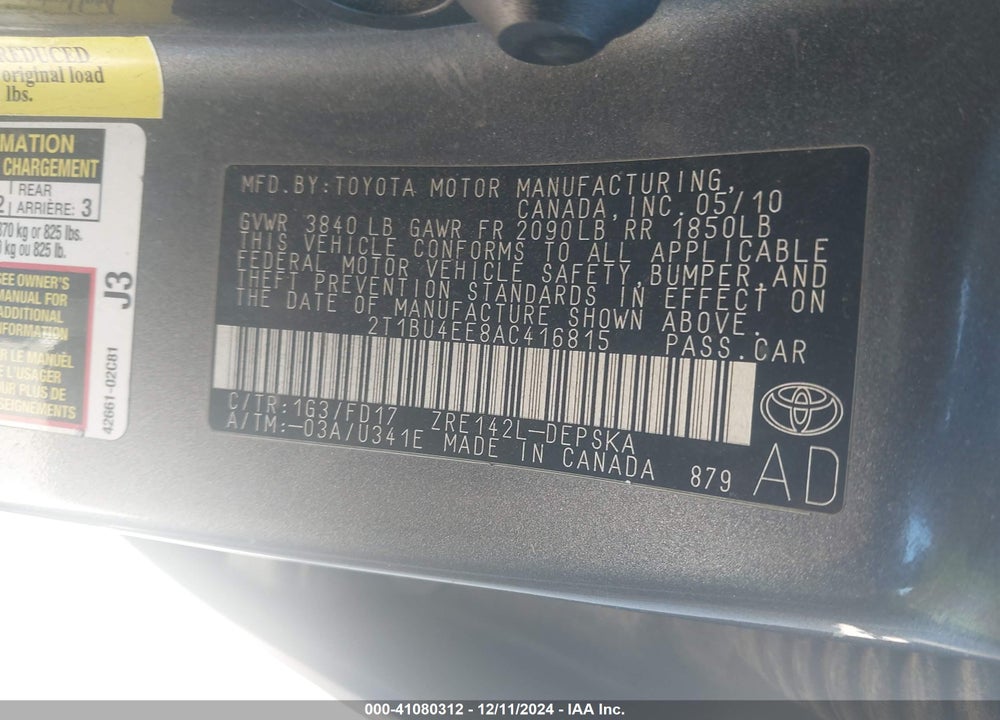 2010 TOYOTA COROLLA VIN: 2T1BU4EE8AC416815