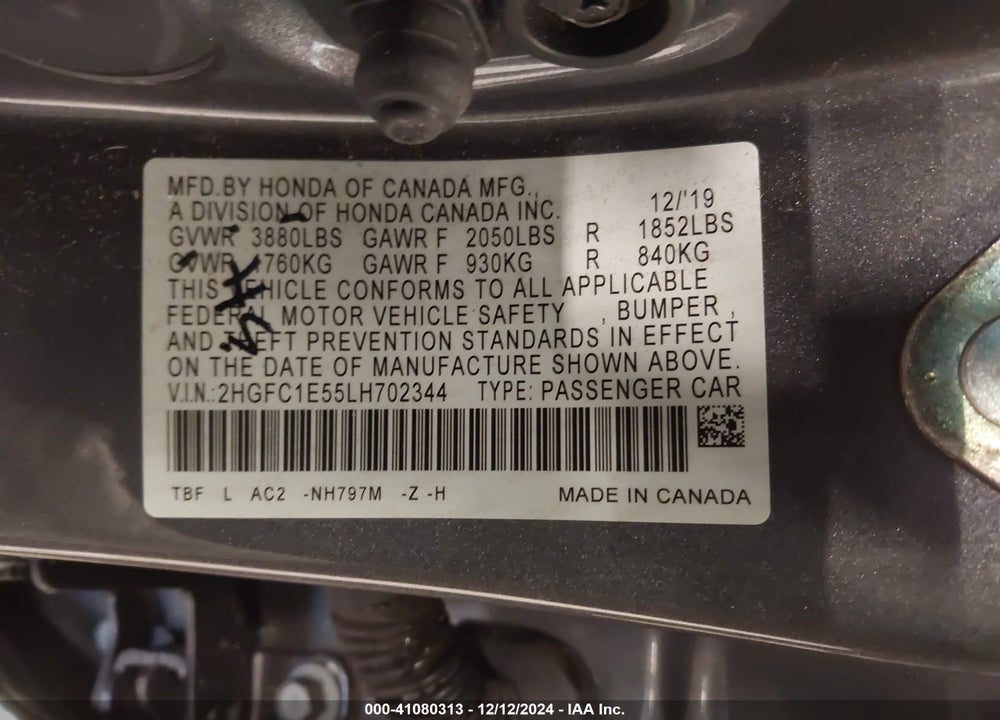 2020 HONDA CIVIC VIN: 2HGFC1E55LH702344