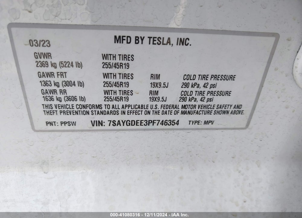 2023 TESLA MODEL Y AWD/LONG RANGE DUAL MOTOR ALL-WHEEL DRIVE VIN: 7SAYGDEE3PF746354