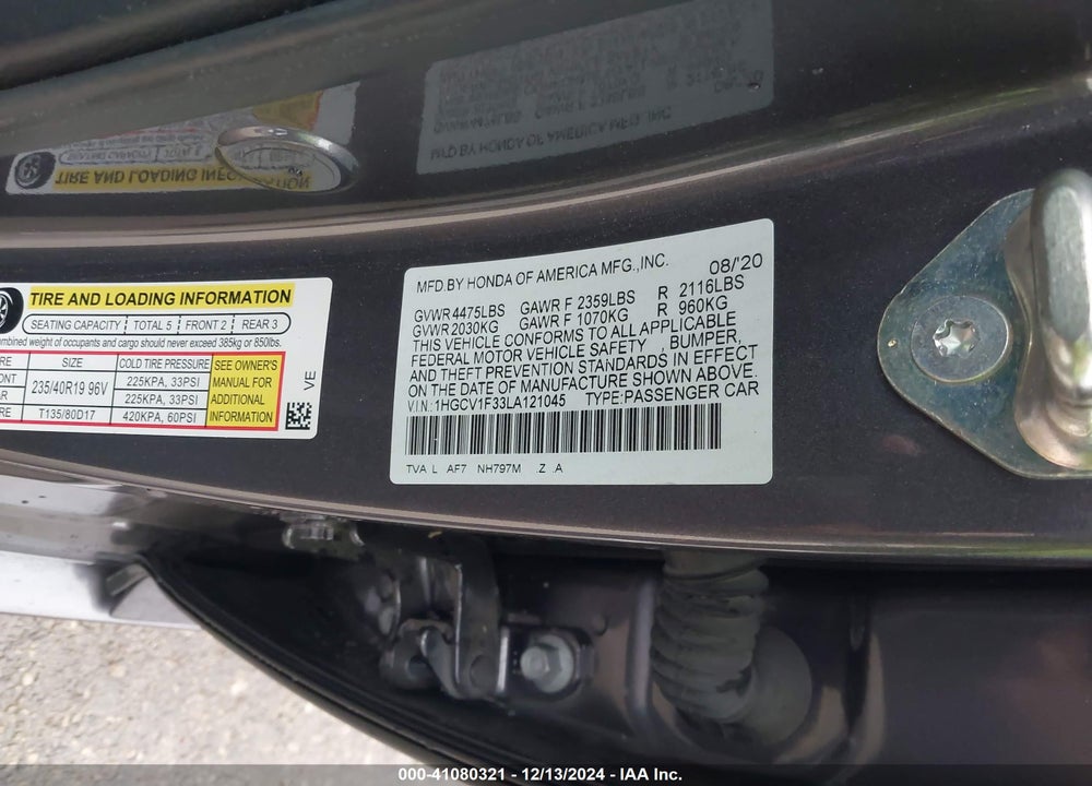 2020 HONDA ACCORD VIN: 1HGCV1F33LA121045