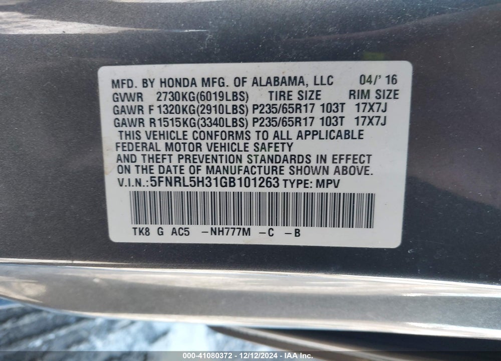 2016 HONDA ODYSSEY SE VIN: 5FNRL5H31GB101263