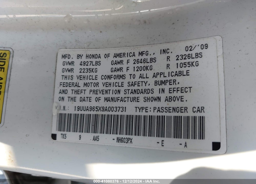 2009 ACURA TL 3.7 VIN: 19UUA965X9A003731