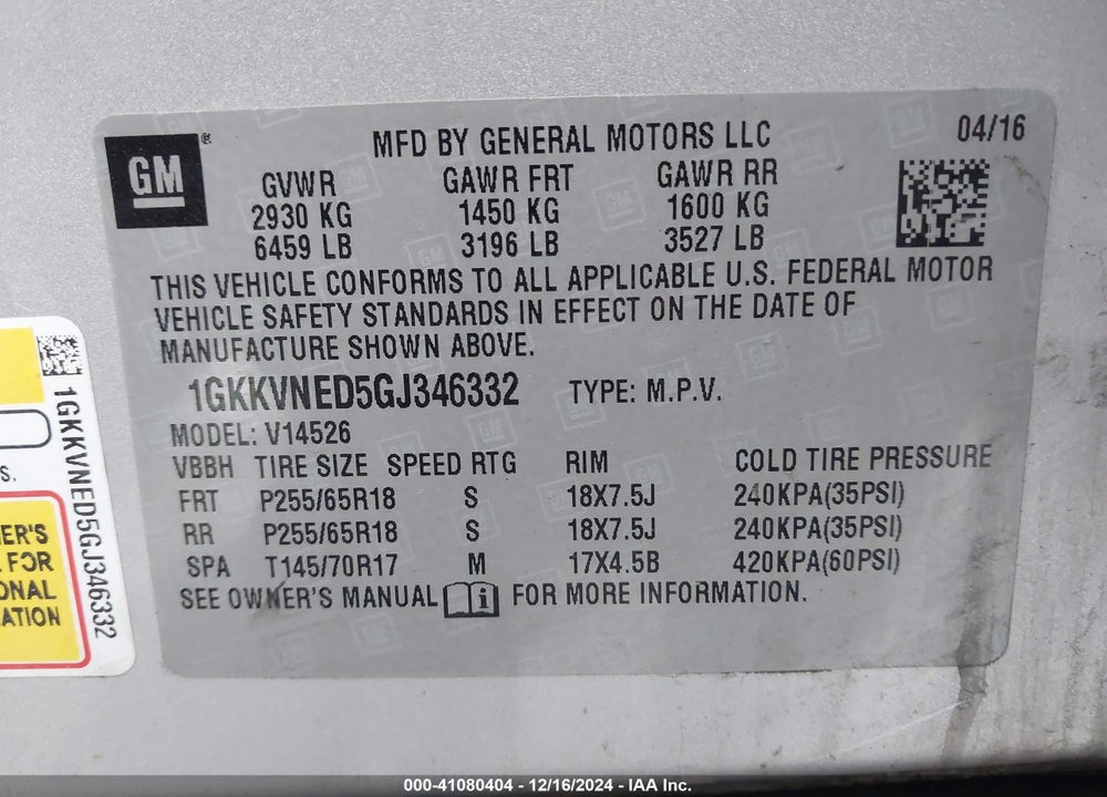 2016 GMC ACADIA SLE-1 VIN: 1GKKVNED5GJ346332