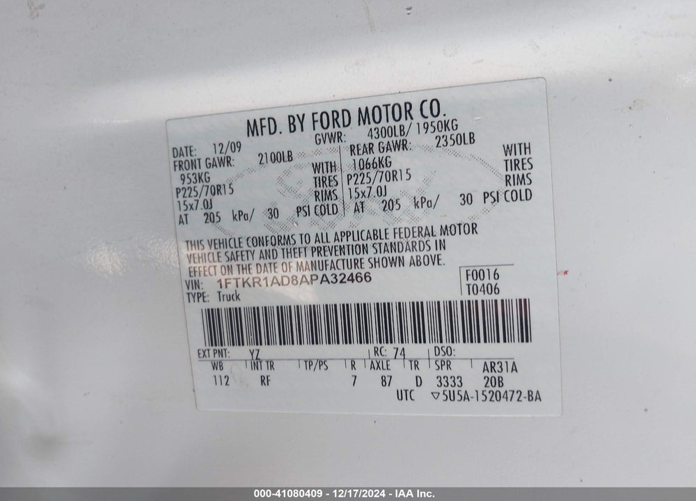 2010 FORD RANGER VIN: 1FTKR1AD8APA32466