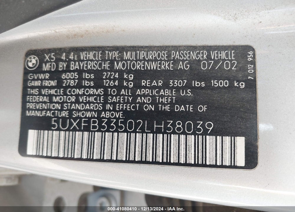 2002 BMW X5 4.4I VIN: 5UXFB33502LH38039