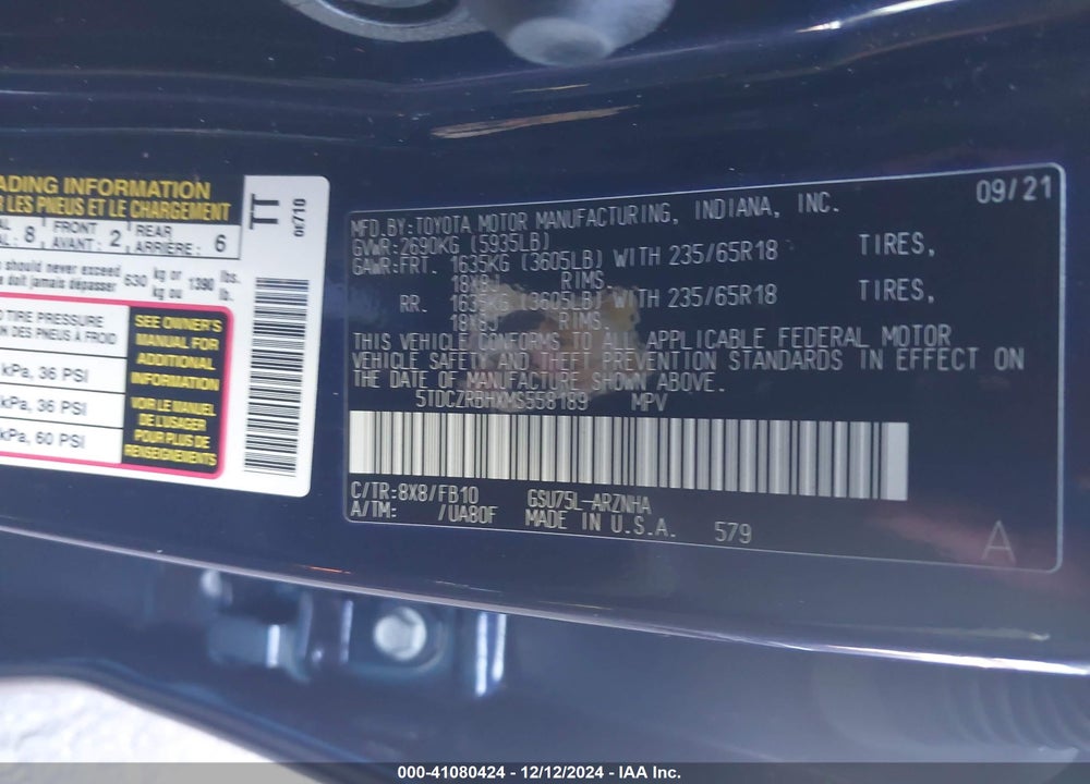 2021 TOYOTA HIGHLANDER VIN: 5TDCZRBHXMS558189