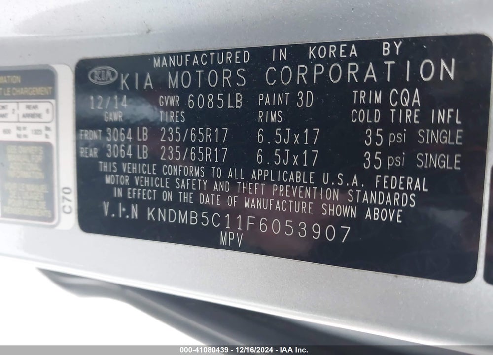 2015 KIA SEDONA LX VIN: KNDMB5C11F6053907