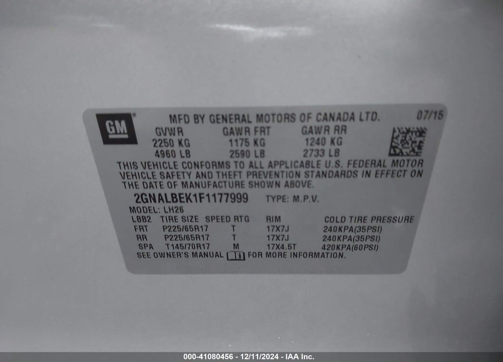 2015 CHEVROLET EQUINOX 1LT VIN: 2GNALBEK1F1177999