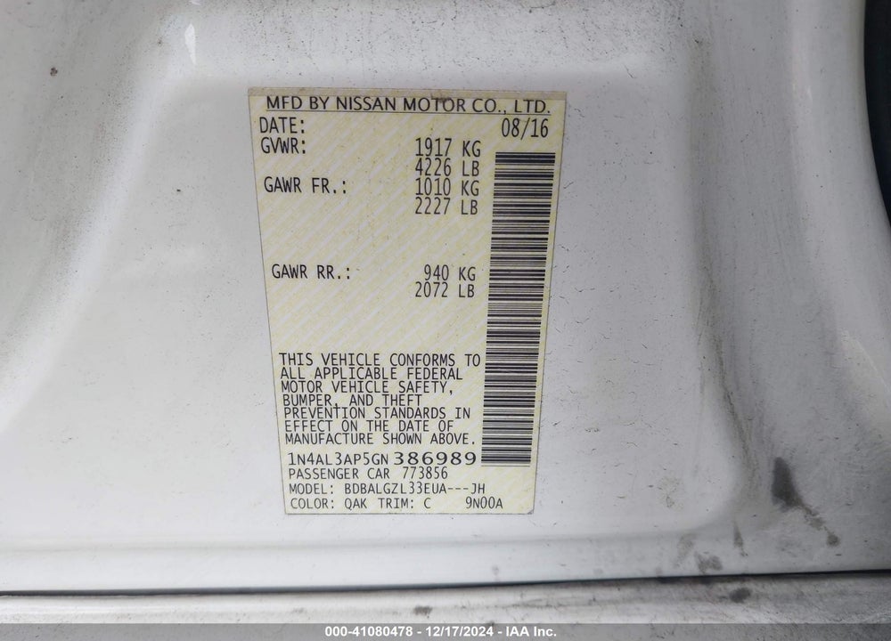 2016 NISSAN ALTIMA 2.5 S VIN: 1N4AL3AP5GN386989