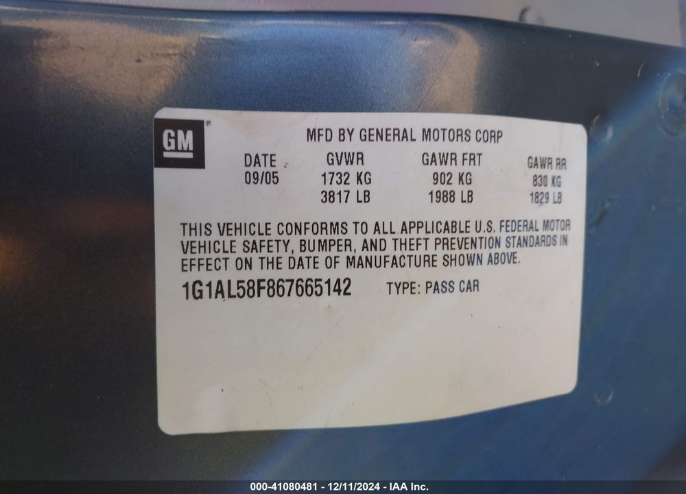 2006 CHEVROLET COBALT VIN: 1G1AL58F867665142