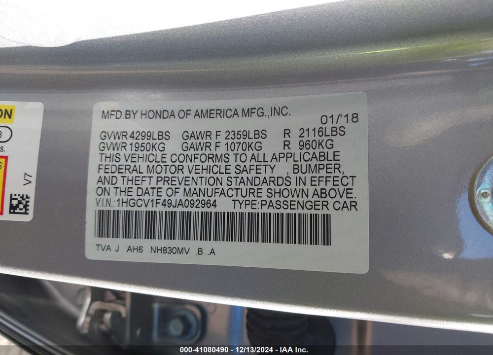 2018 HONDA ACCORD EX VIN: 1HGCV1F49JA092964