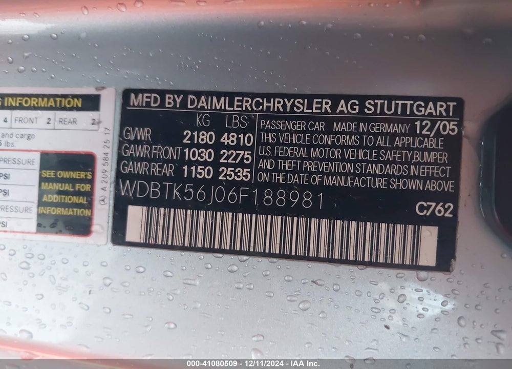 2006 MERCEDES-BENZ CLK 350 VIN: WDBTK56J06F188981