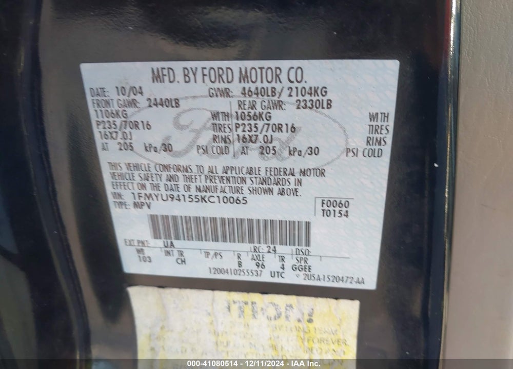 2005 FORD ESCAPE LIMITED VIN: 1FMYU94155KC10065