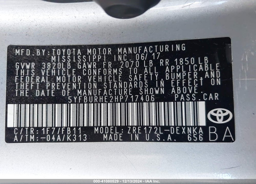 2017 TOYOTA COROLLA LE VIN: 5YFBURHE2HP717406