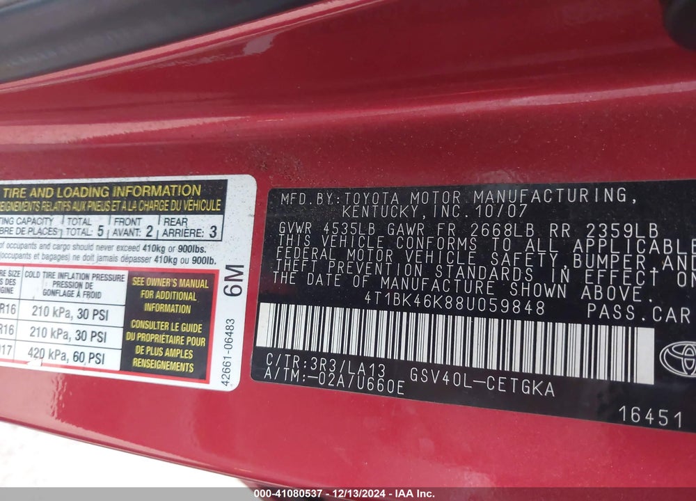 2008 TOYOTA CAMRY XLE V6 VIN: 4T1BK46K88U059848